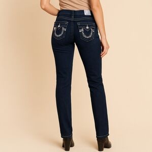 True Religion Women Jeans 27 Blue Straight Leg Dark Denim Lowrise Y2K Rhinestone